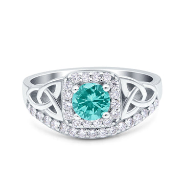 Celtic Art Deco Wedding Ring Round Simulated Paraiba Tourmaline CZ 925 Sterling Silver
